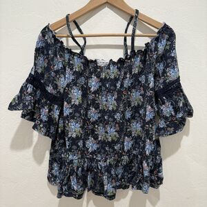 Womens Blouse Large Black Blue Floral Cold Shoulder Short Sleeve Summer Top
